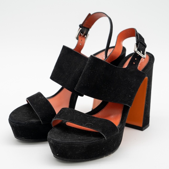 size 39 EU / 9 US Santoni Sandals Black Velvet Strap Slingback Block Heel - Picture 1 of 11